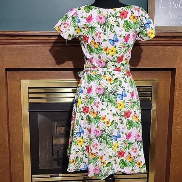 Lady Vintage Dress Butterfly Monstera Leaf Flower Print Cotton Sash Belt Size Sm - Picture 5 of 10